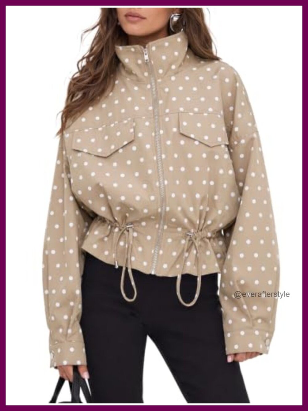 Women's Zip Up Polka Dot Drawstring Jacket Oversized Casual Coat Fall